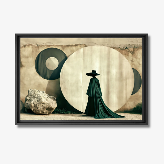 Framed artwork of a silhouette in a long coat and hat against a circular design with moons.