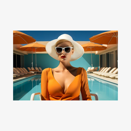 Woman in an orange dress and white hat by a pool with orange umbrellas.