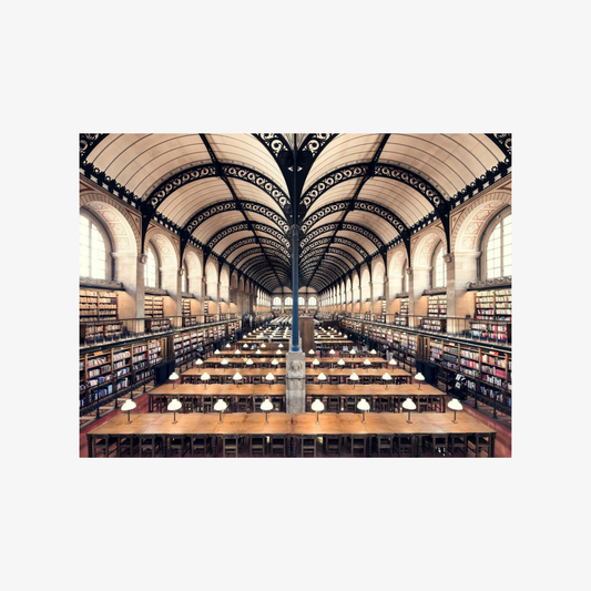 Long, elegant library with high ceilings and rows of bookshelves.