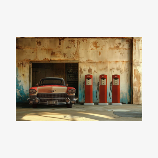 Vintage car parked in front of a rusty garage with three red gas pumps.