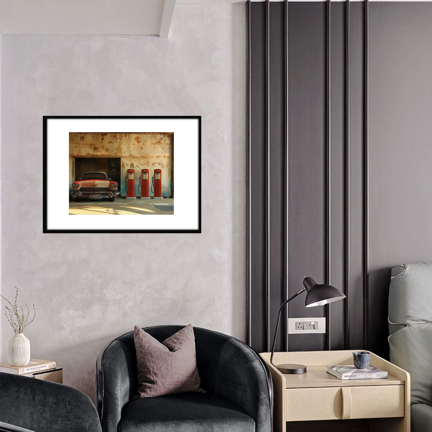 Framed artwork of a car and gas pumps on a wall in a modern living room.