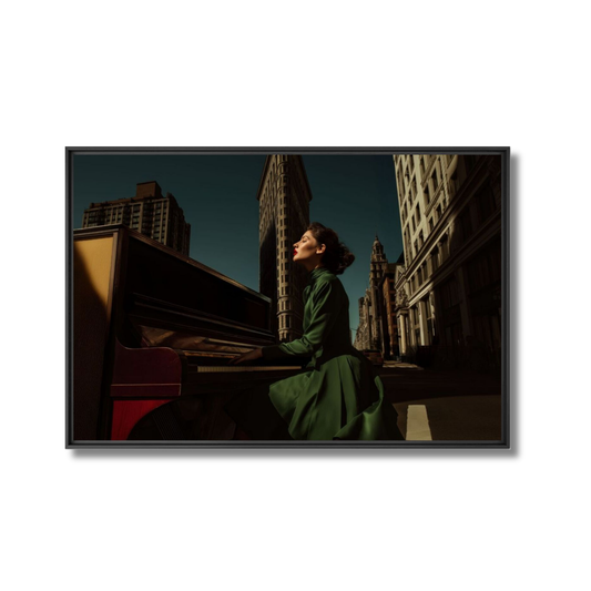 Woman in a green dress sitting on a piano with city skyline in the background