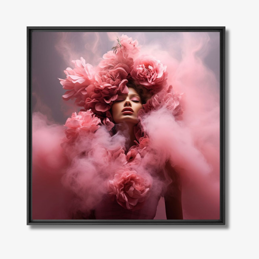 Framed artwork of a person with large pink flowers and smoke on a white background