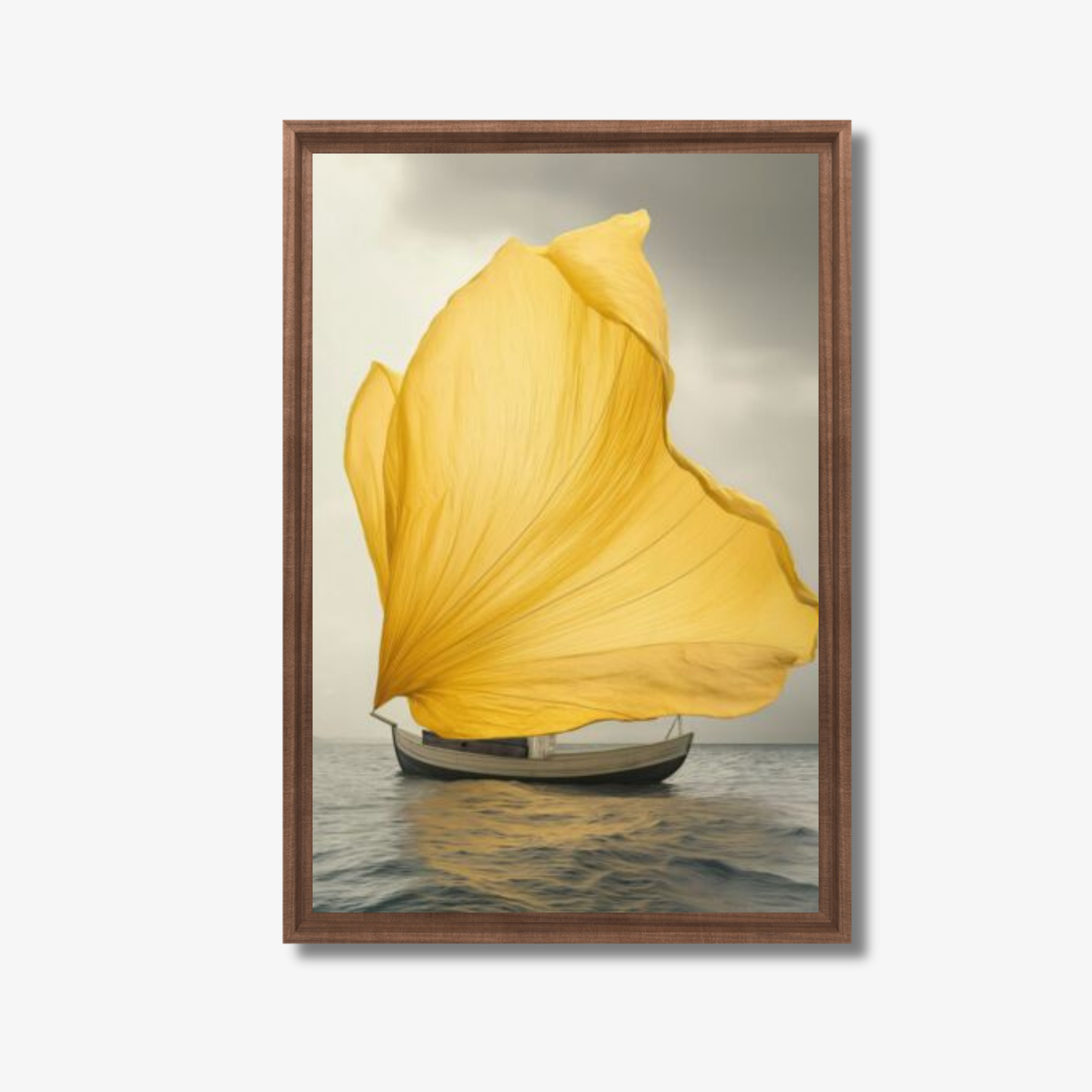 Framed artwork of a yellow sailboat on water with a wooden frame.