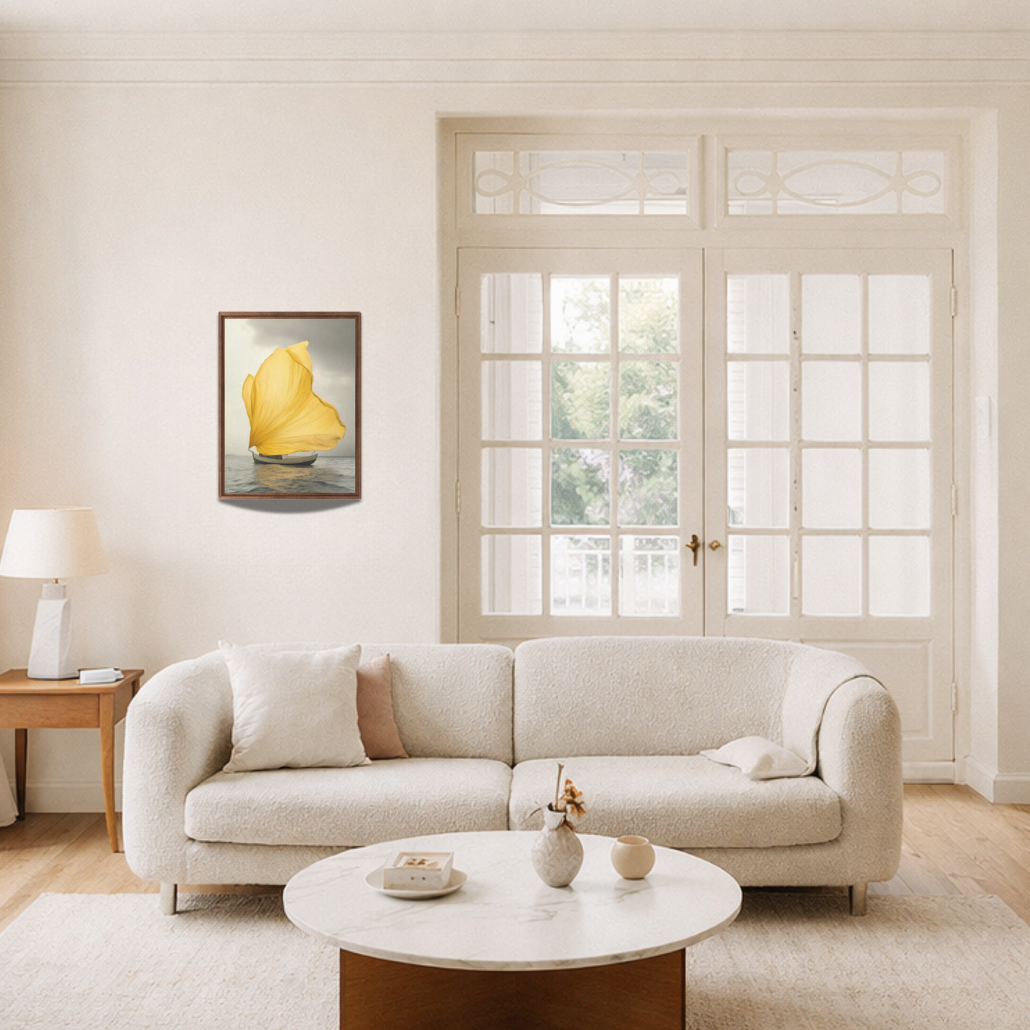 Living room with a beige sofa, round coffee table, and French doors.