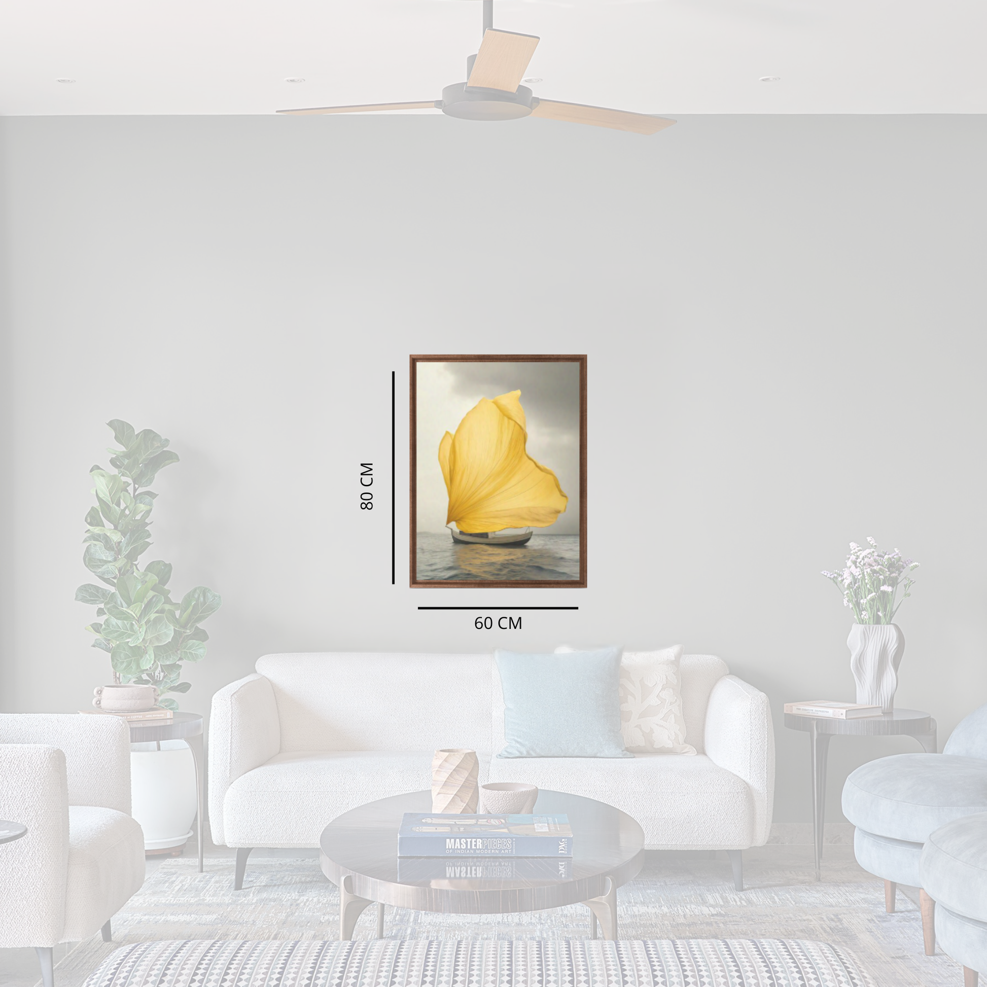 Living room with a white sofa, coffee table, and decorative elements.