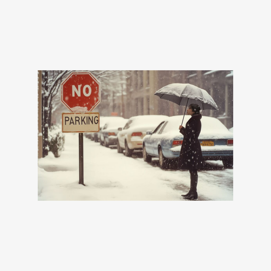 Person with an umbrella standing next to a 'No Parking' sign in a snowy street.