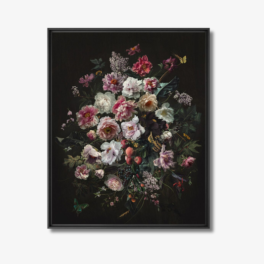 Framed artwork of a colorful floral arrangement on a dark background