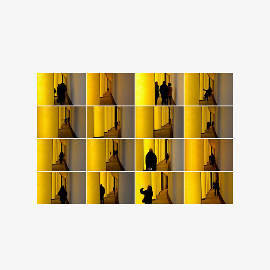 Collage of a person walking through a yellow hallway with multiple perspectives.
