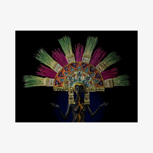 Colorful headdress with intricate design on a black background