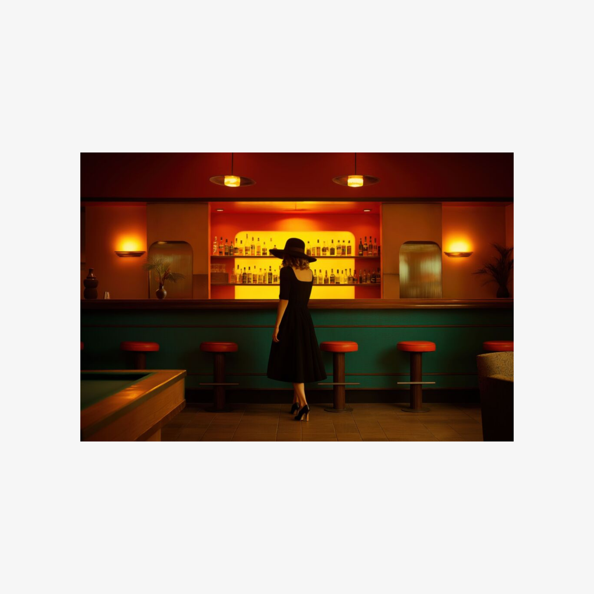 Woman in a dark dress standing in a bar with warm lighting
