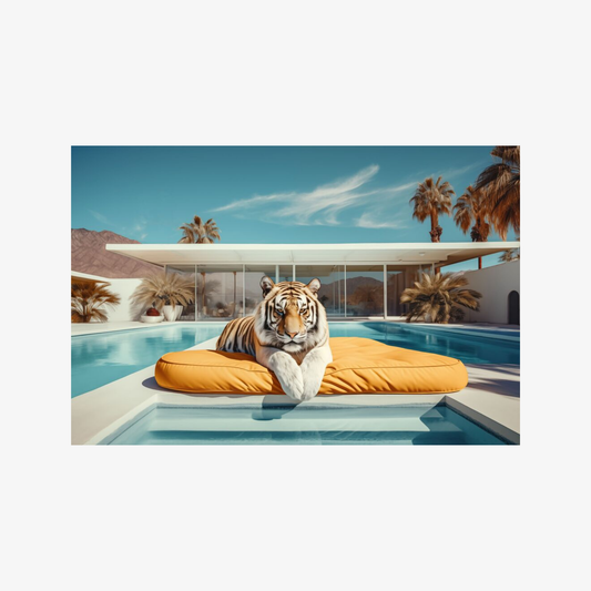 Tiger lounging on a yellow cushion by a pool with palm trees and a clear sky in the background