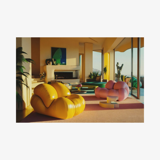 Modern living room with colorful furniture and large windows.