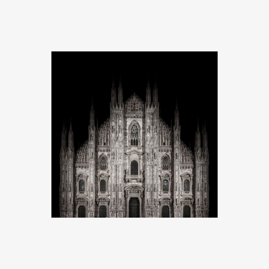 Black and white architectural photo of a cathedral