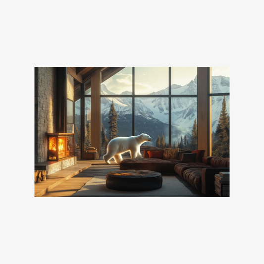Living room with a polar bear in front of large windows showing mountains.