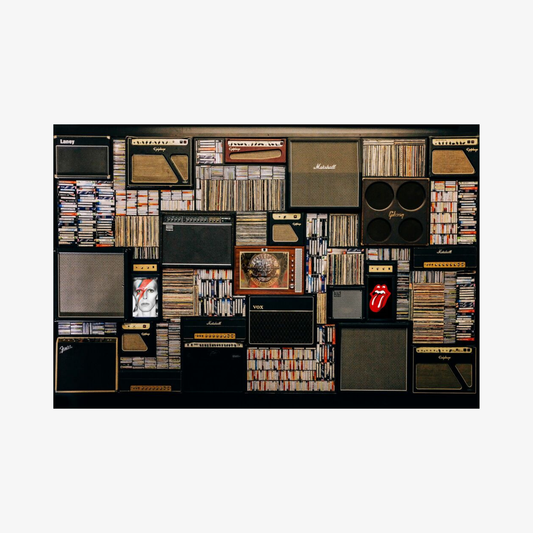 Collage of vintage guitar amplifiers and equipment on a black background