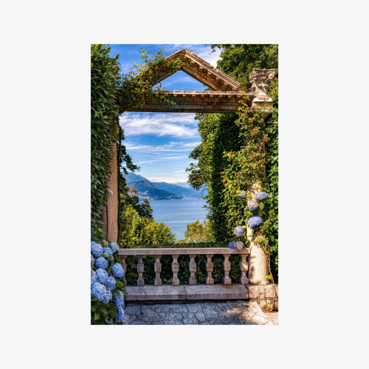 Garden archway with floral decorations leading to a scenic view of a lake.