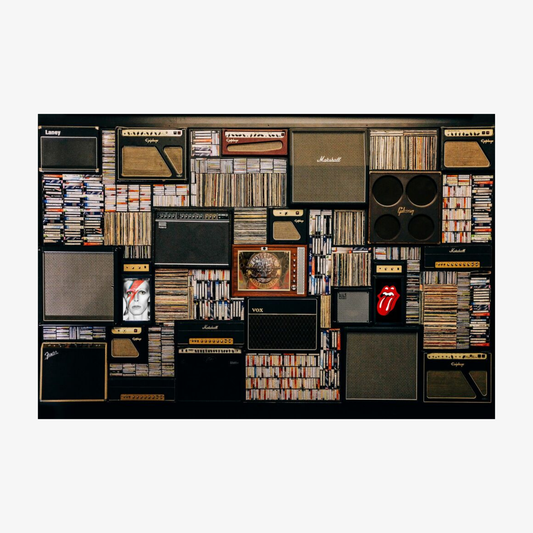 Collection of vintage guitar amplifiers and speakers arranged in a collage on a white background