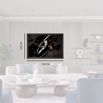 Framed artwork of a car on a wall in a modern living room.