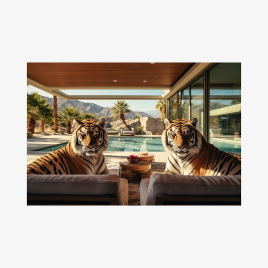 Two tigers sitting on a modern patio with a pool and mountain view.