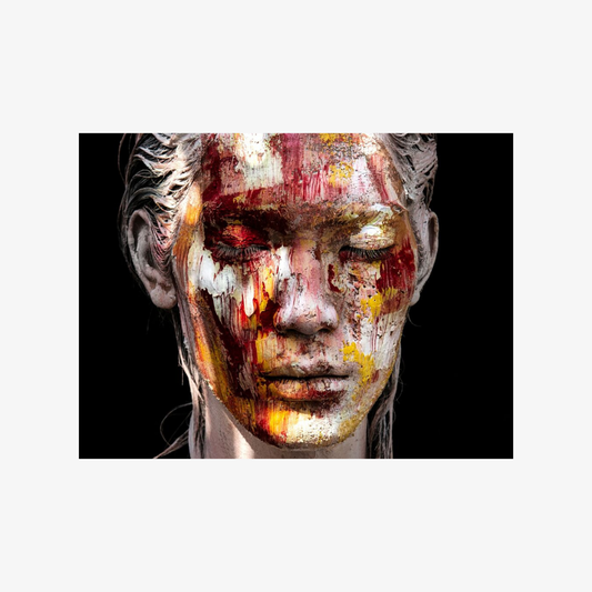 Artistic depiction of a face with abstract, colorful patterns on a black background