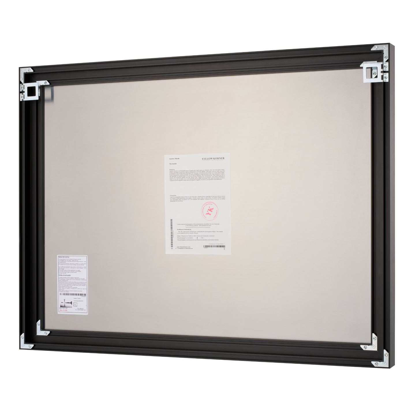 Blank canvas with black frame and visible mounting hardware on a white background