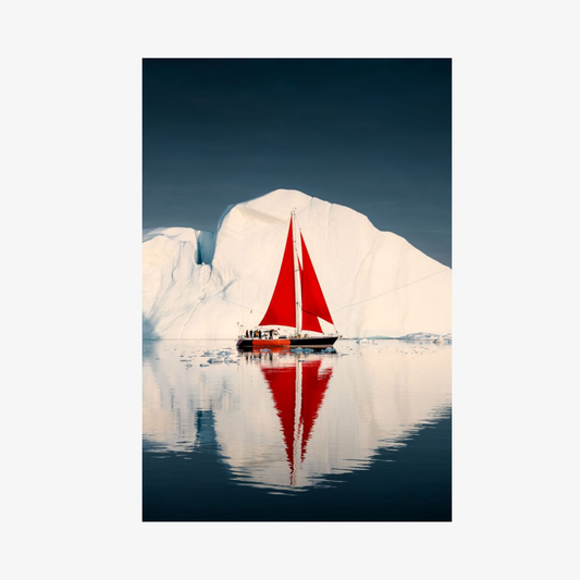 Sailboat with a red sail on a body of water with icebergs in the background