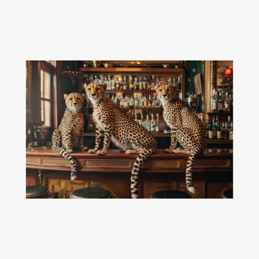 Three cheetahs sitting on a bar counter in a bar setting.