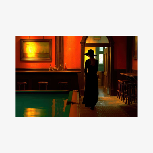 Woman in a long dress and hat walking through a dimly lit bar with red walls.