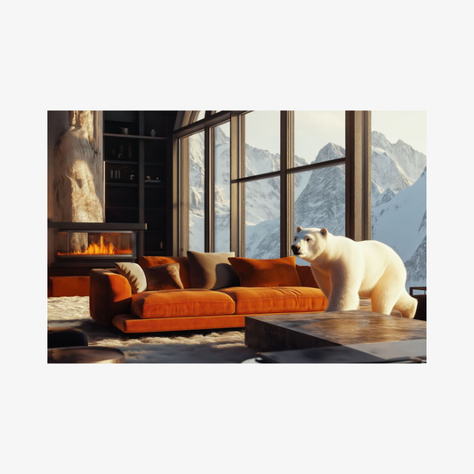Polar bear standing in a modern living room with large windows showing mountains.