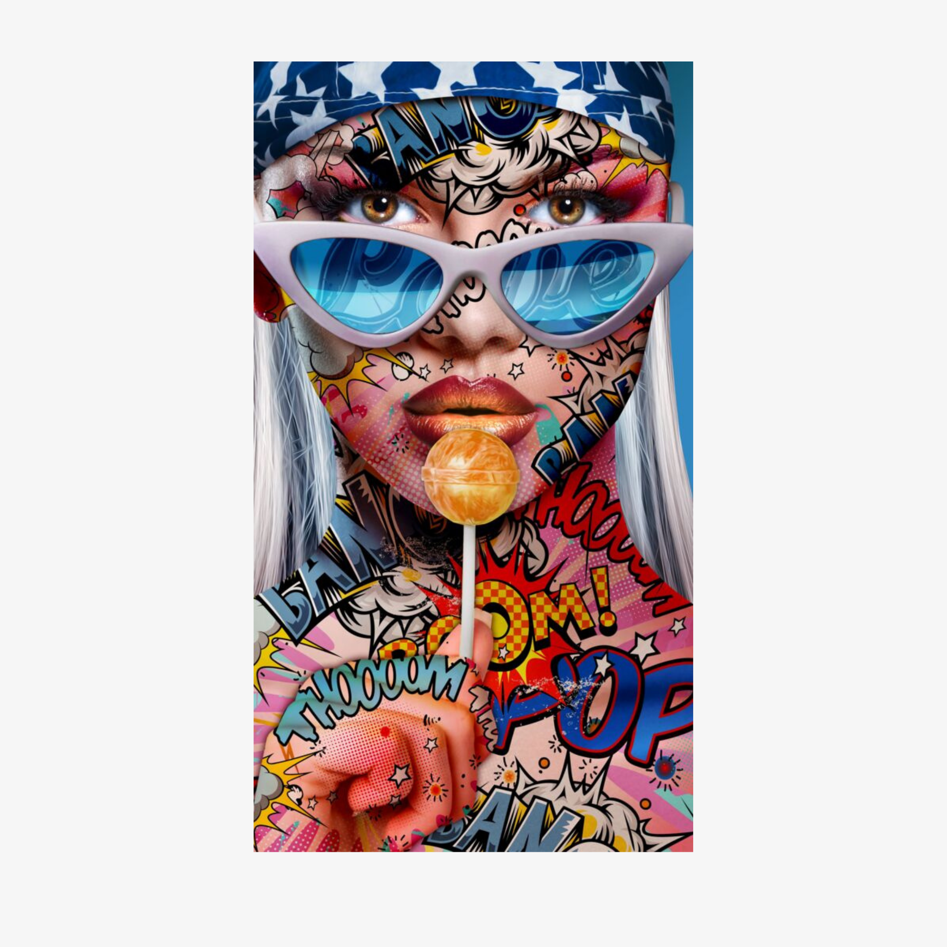 Colorful phone case with a stylized face design, sunglasses, and text on a white background