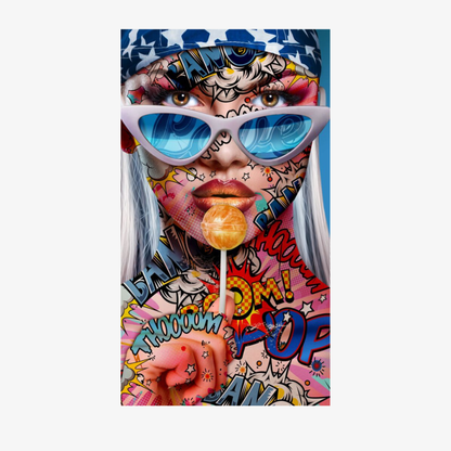 Colorful phone case with a stylized face design, sunglasses, and text on a white background
