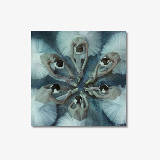 Artistic depiction of ballerinas in a circular formation with a watercolor effect.