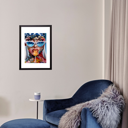 Framed colorful artwork on a wall above a blue armchair with a fur throw.