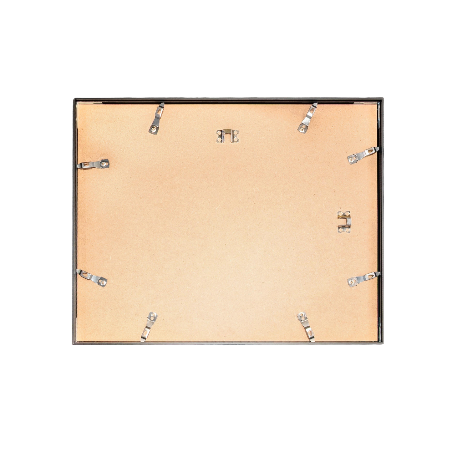 Back view of a picture frame with wooden backer and metal clips.