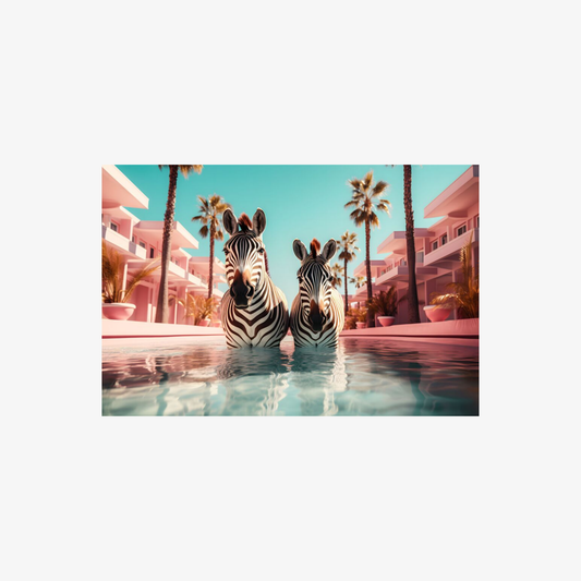 Two zebras standing in water with palm trees and buildings in the background