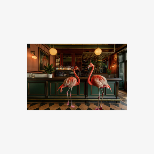 Two pink flamingos in a bar setting with wooden decor and checkered floor.