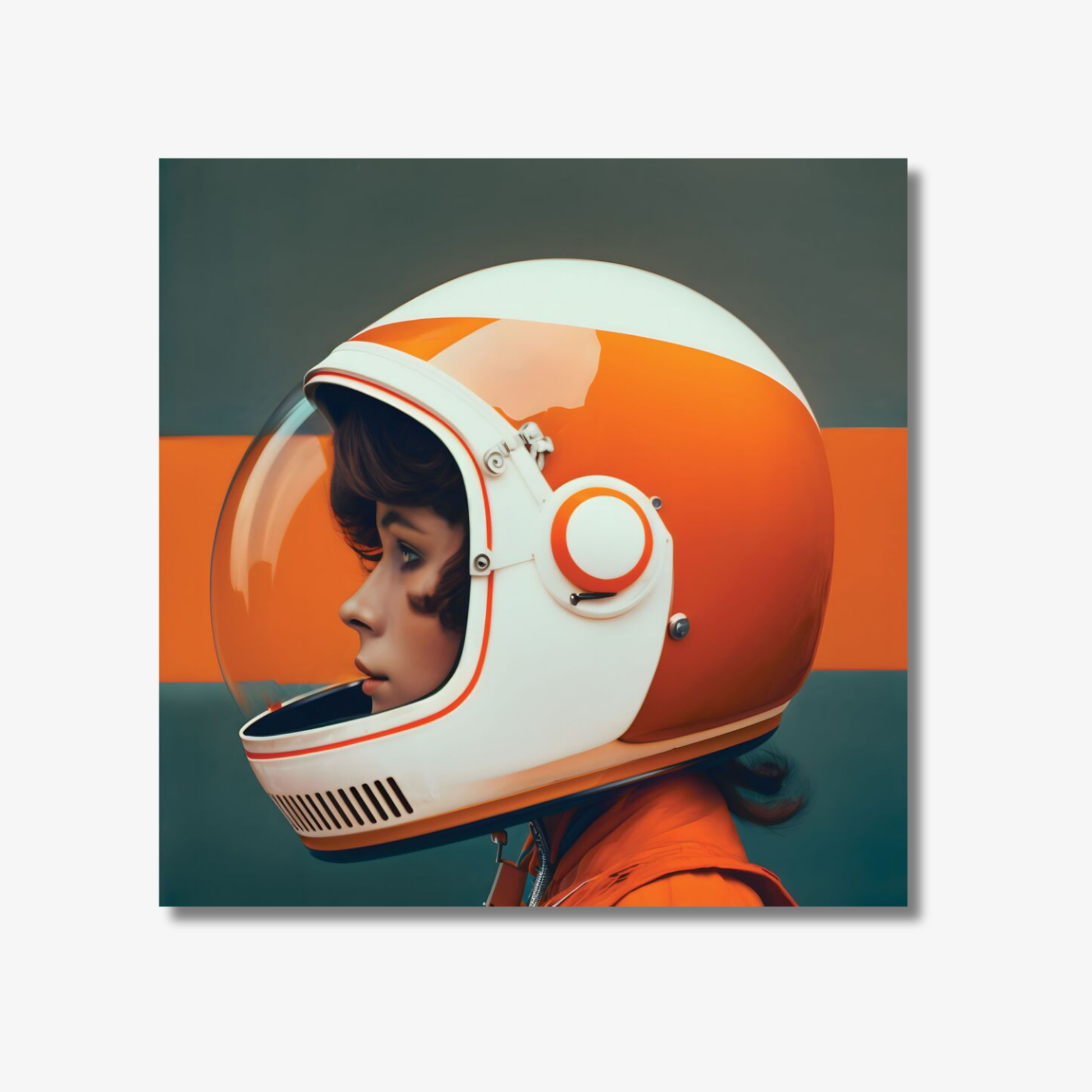 Person wearing an orange and white astronaut helmet with a striped background