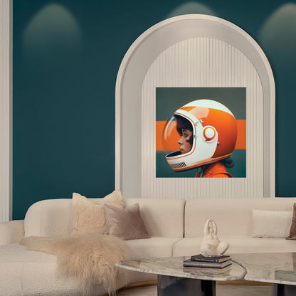 Living room with a framed picture of a person in an astronaut helmet on the wall.