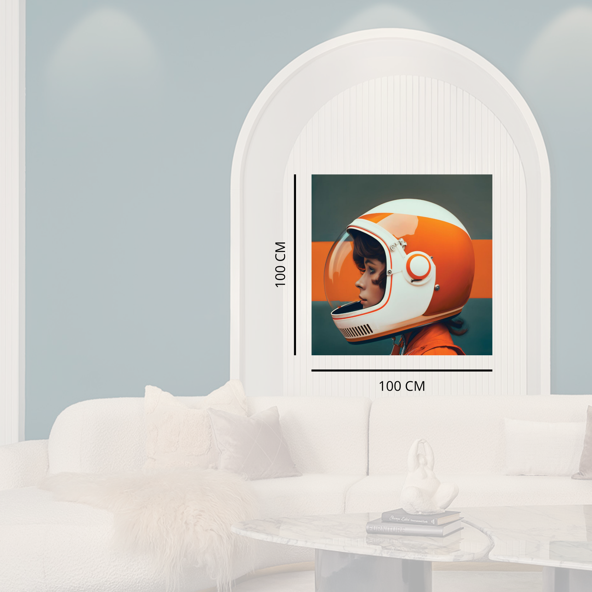 Digital photo frame displaying a person wearing an astronaut helmet with a minimalist white background.