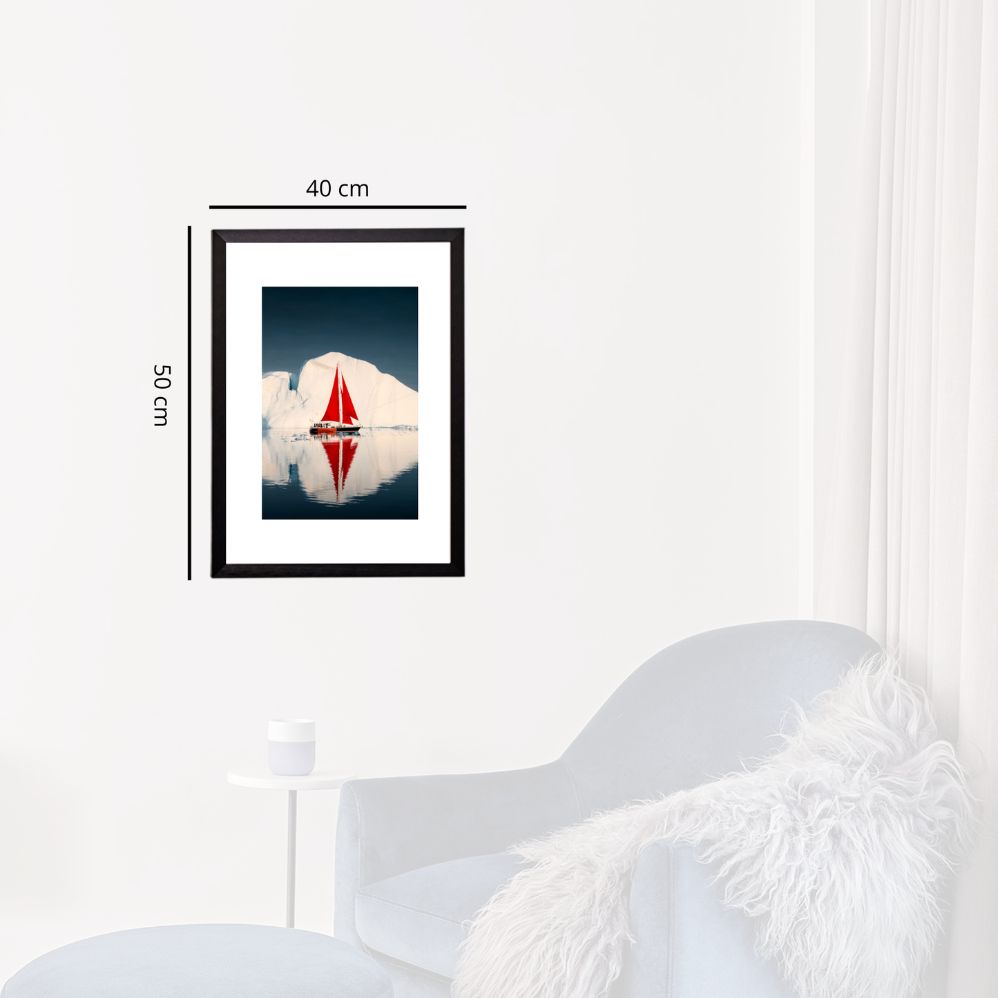 Framed artwork of a sailboat on water with measurements, displayed on a wall above a white chair.