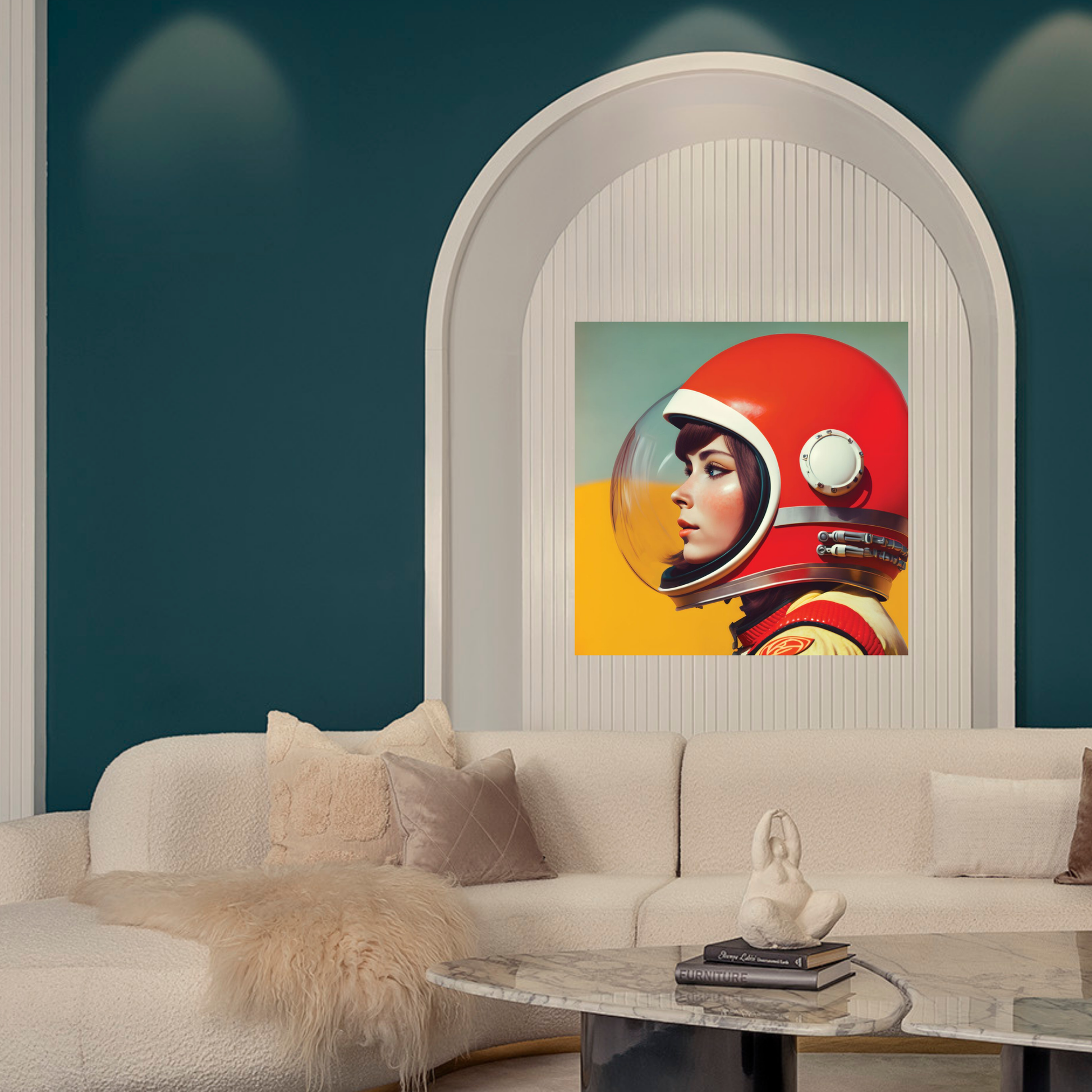 Living room with a couch, coffee table, and a framed picture of a person in an astronaut helmet on the wall.
