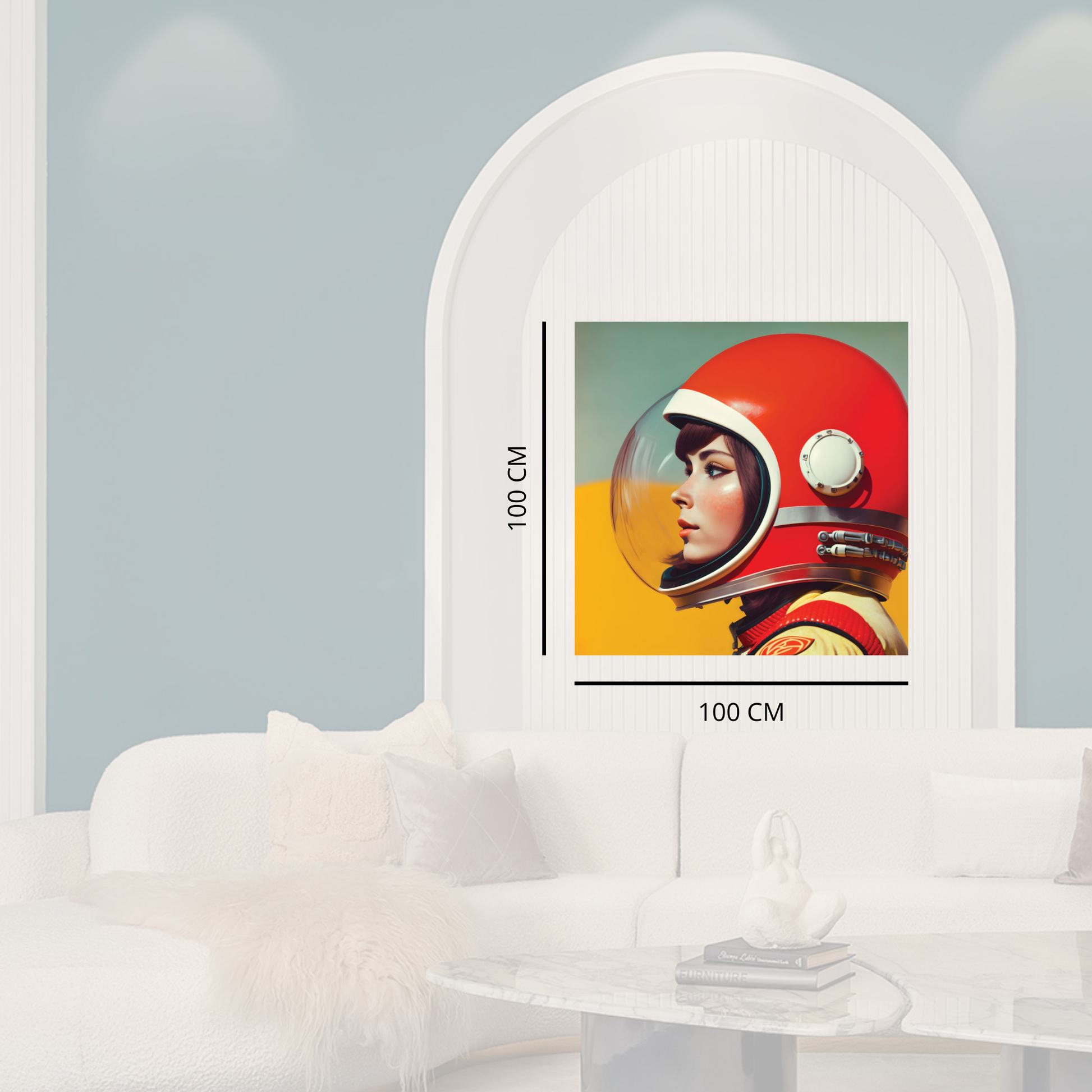 Framed artwork of a person in an astronaut suit with a helmet on a white surface.