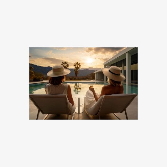 Two people sitting by a pool at sunset with palm trees and mountains in the background.