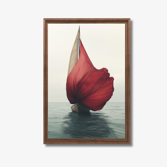 Framed artwork of a sailboat with a large red sail on water