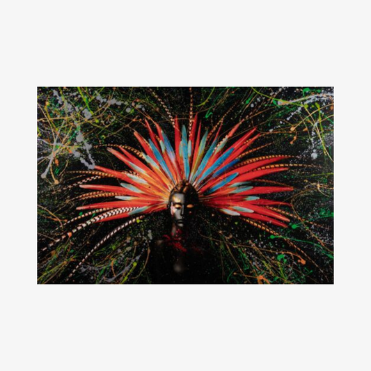 Person wearing a vibrant headdress with red, blue, and yellow feathers against a dark background.