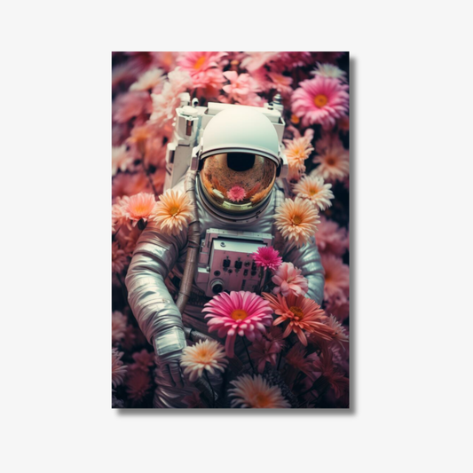 Cat in an astronaut suit among flowers with a white background