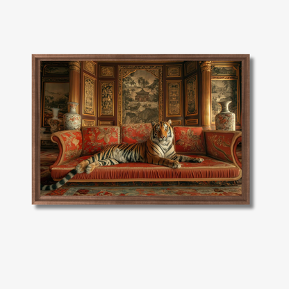 Tiger on a red sofa in an ornate room with decorative walls and furniture.