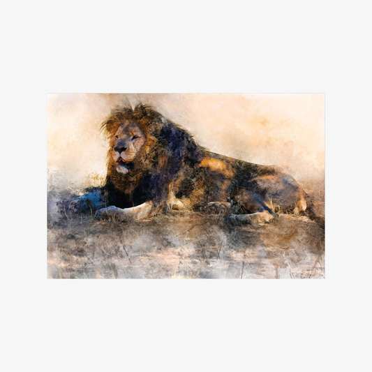 Artistic depiction of a lion lying down with a watercolor texture.