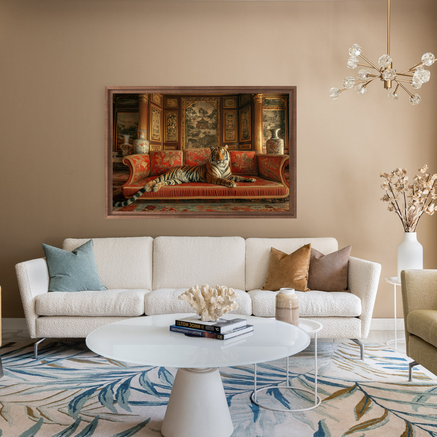 Living room with a white sofa, coffee table, and decorative elements.